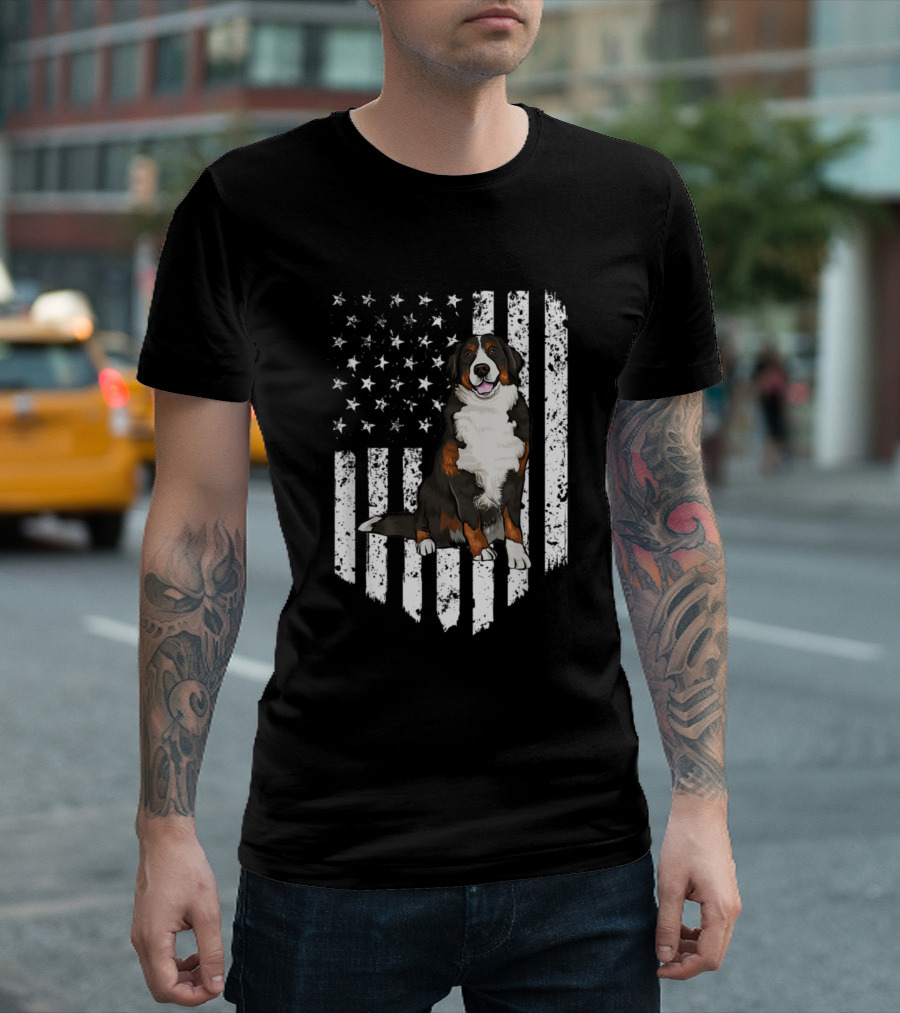 Black White American Flag Bernese Mountain Dog USA Stars Stripes T-Shirt