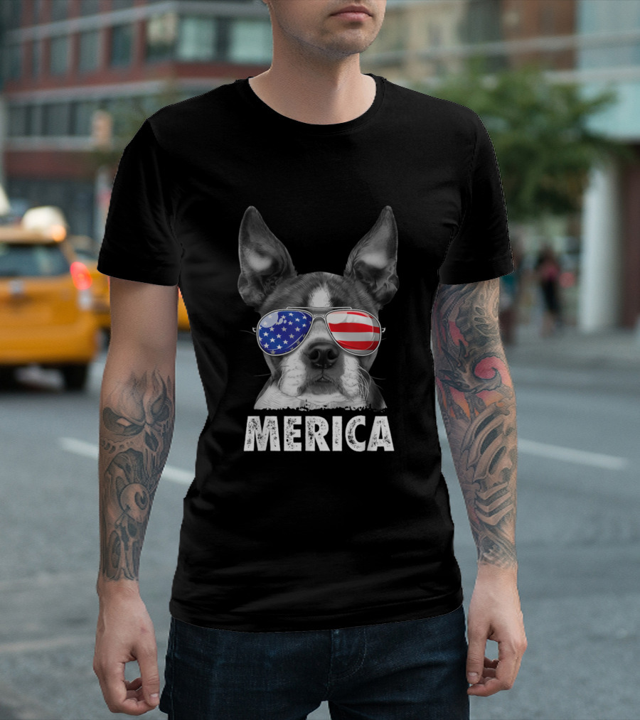 Boston Terrier Merica 4th of July Sunglasses T-Shirt