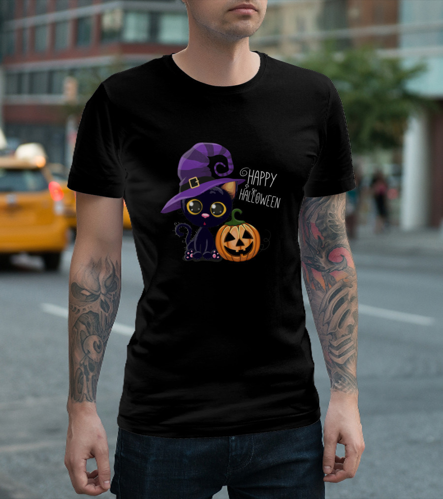 Happy Halloween Black Cat Kitty Funny Cats With Pumpkin T-Shirt