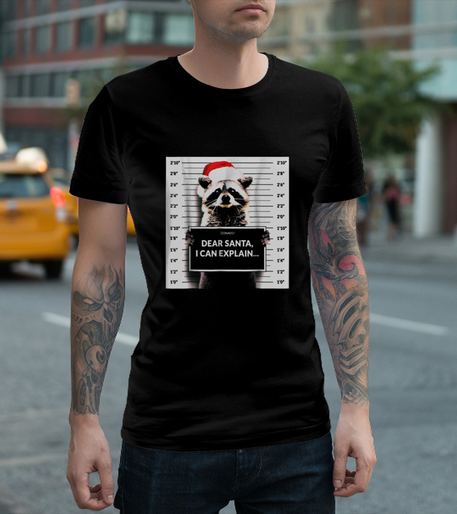 Dear Santa I Can Explain Funny Christmas Raccoon Mugshot Santa Hat T-Shirt