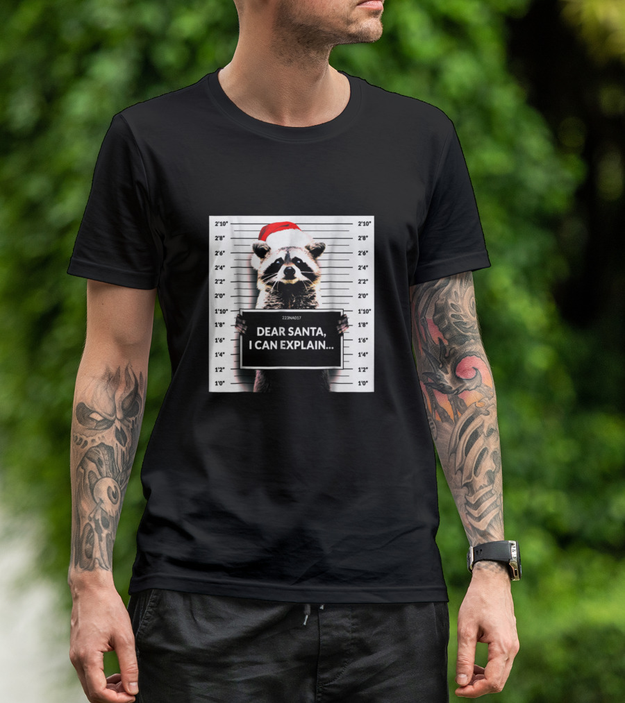 Dear Santa I Can Explain Funny Christmas Raccoon Mugshot Santa Hat T-Shirt