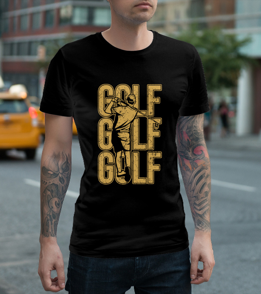Golf Player Yellow Grunge Silhouette Against Repeated T-Shirt