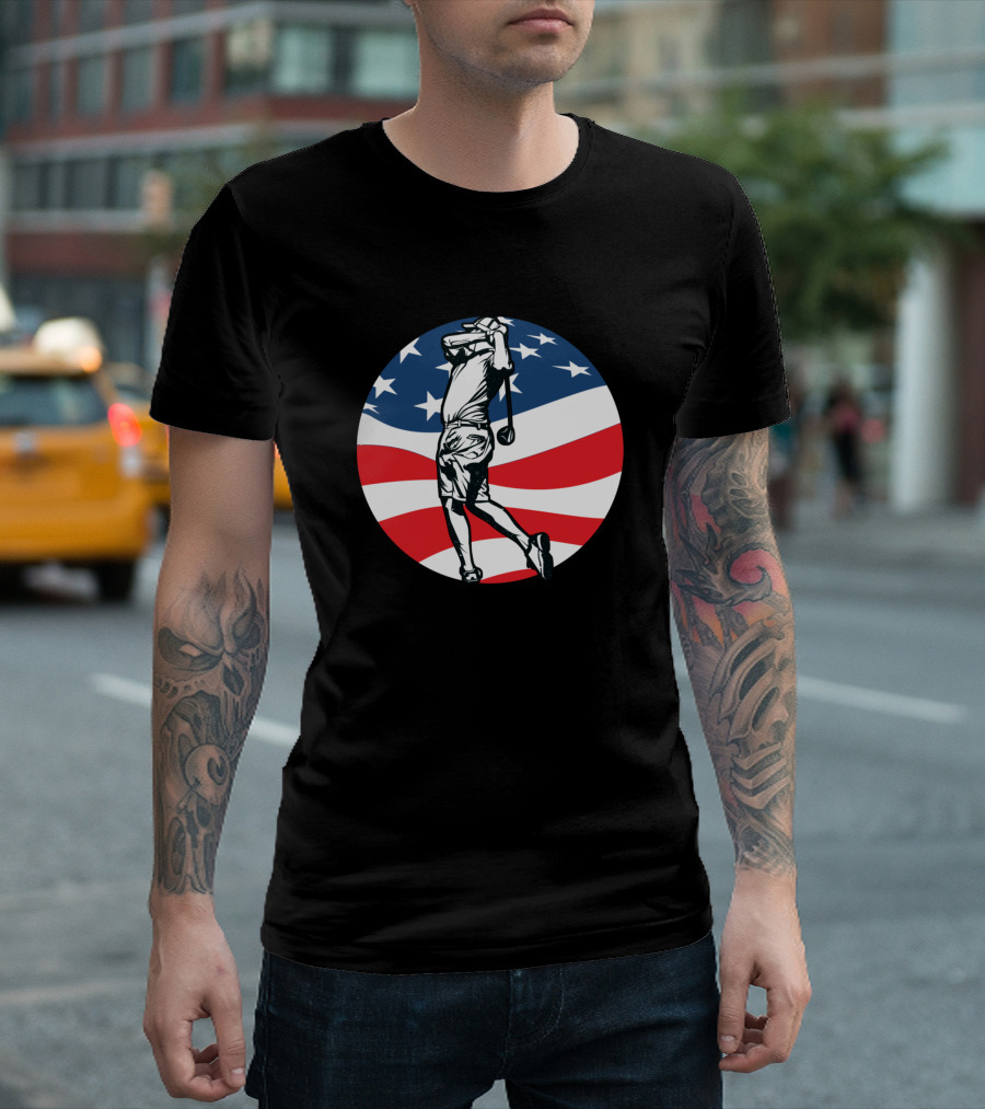 Golf Swing Player with American Flag Background T-Shirt