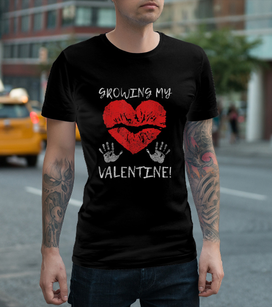 Growing My Valentine Funny Valentine Pregnancy Announcement Red Heart and Handprints T-Shirt