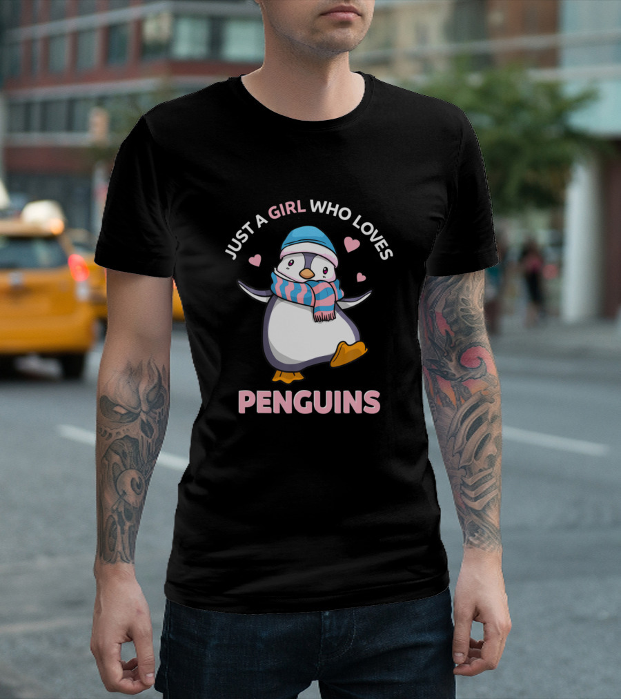 Just A Girl Who Loves Penguins Cute Penguin with Hearts and Scarf T-Shirt