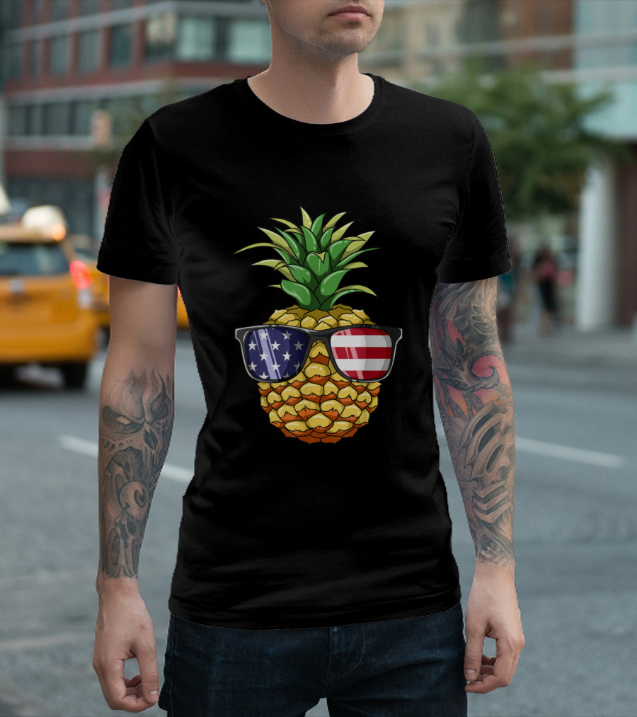 American 4th of July Patriotic Pineapple with Flag Sunglasses T-Shirt