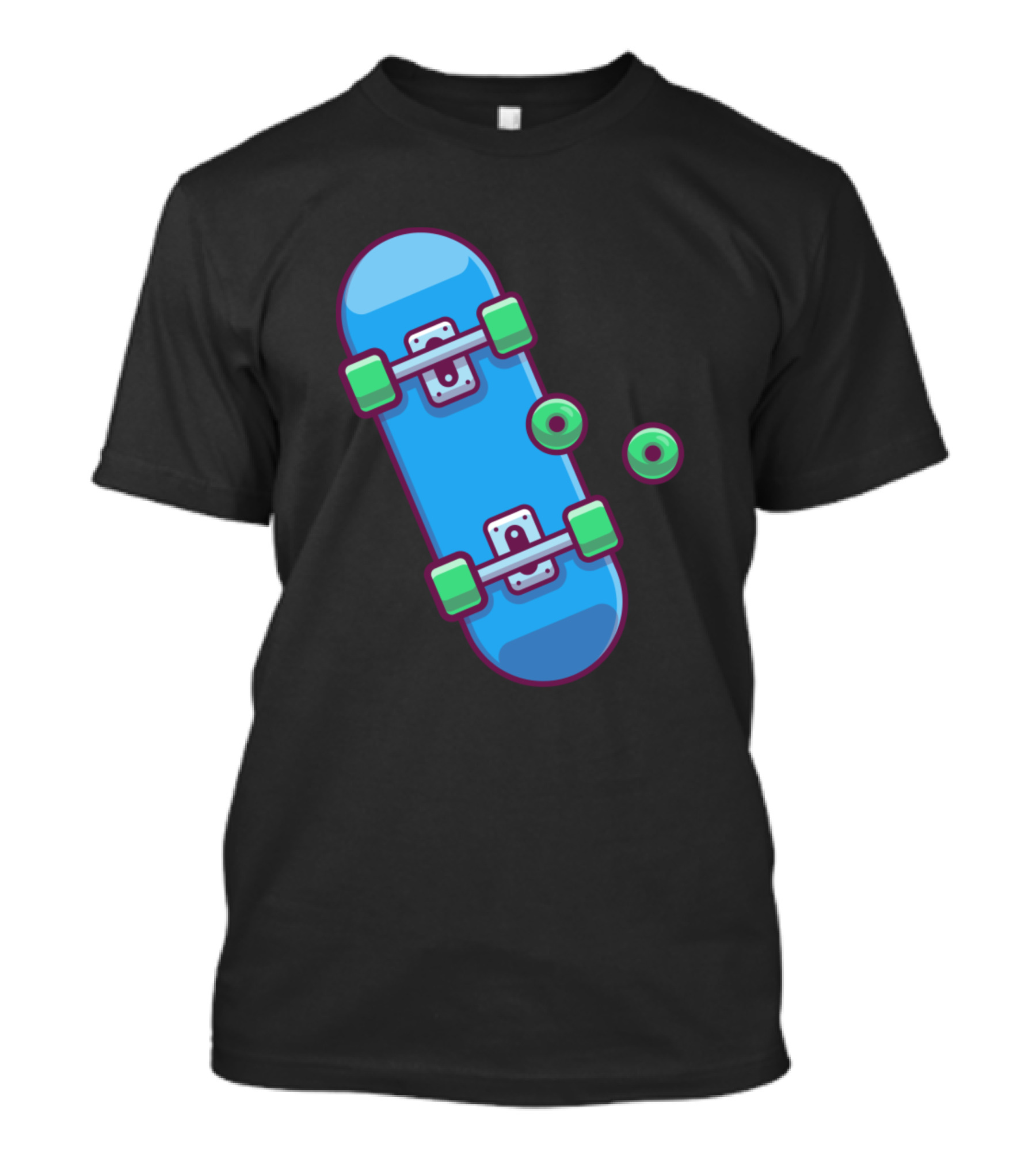 Skateboard With Wheels Cartoon Blue Deck Green Parts T-Shirt
