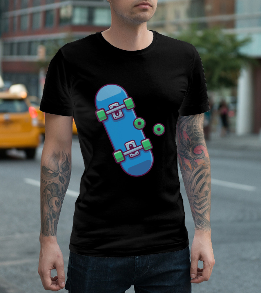 Skateboard With Wheels Cartoon Blue Deck Green Parts T-Shirt
