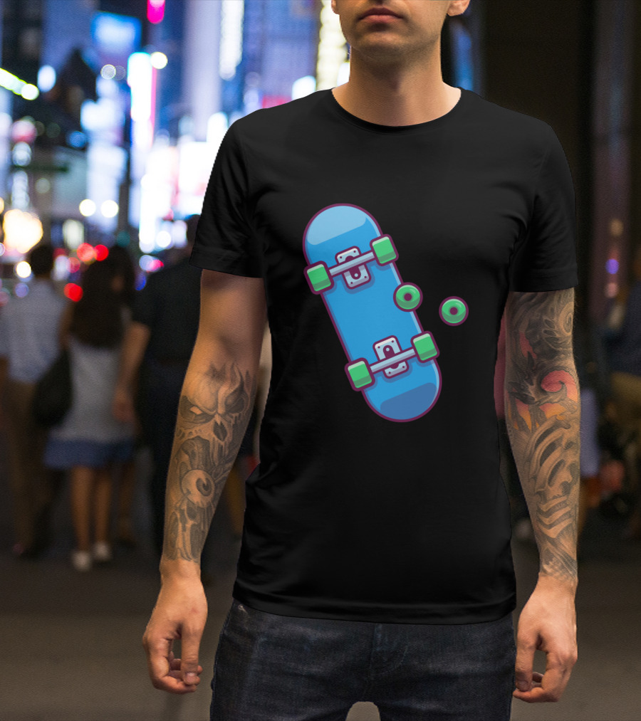Skateboard With Wheels Cartoon Blue Deck Green Parts T-Shirt