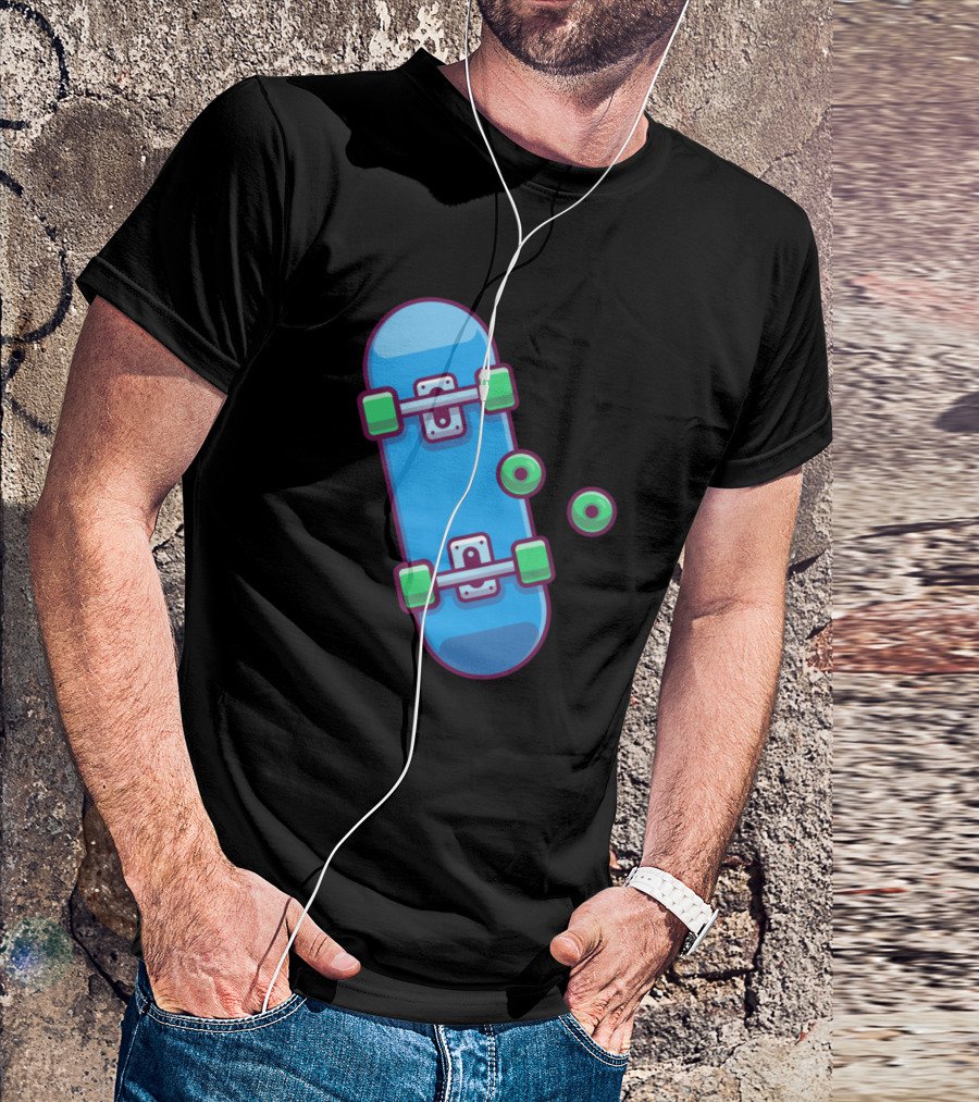 Skateboard With Wheels Cartoon Blue Deck Green Parts T-Shirt