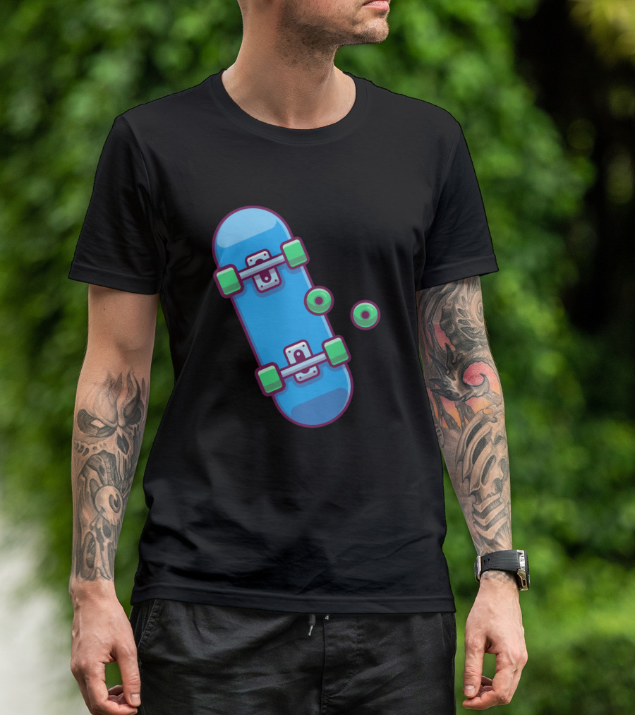 Skateboard With Wheels Cartoon Blue Deck Green Parts T-Shirt
