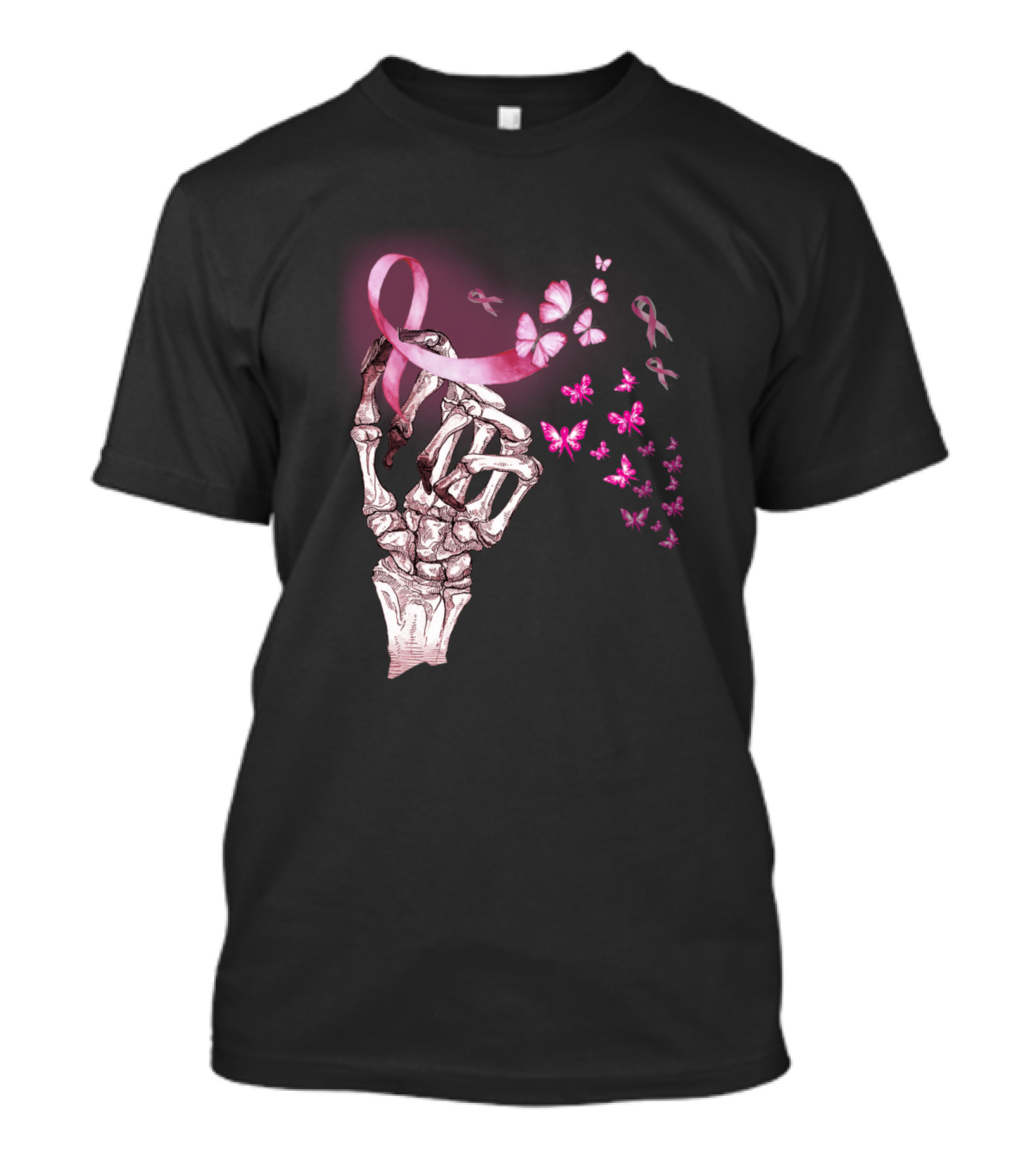 Skull Never Give Up Pink Ribbon Skeleton Hand With Butterflies T-Shirt