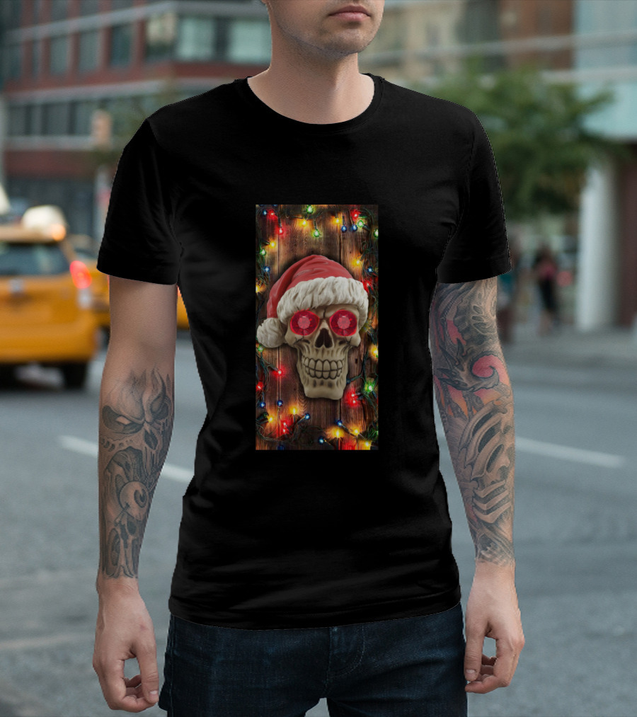 Skull Christmas Is Coming Festive Skull With Santa Hat and Lights Skulloholic T-Shirt