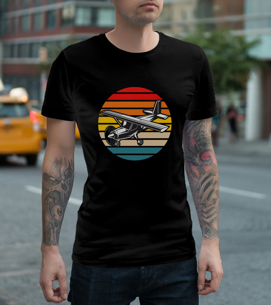 Small Airplane Flying Vintage Sunset Stripes T-Shirt