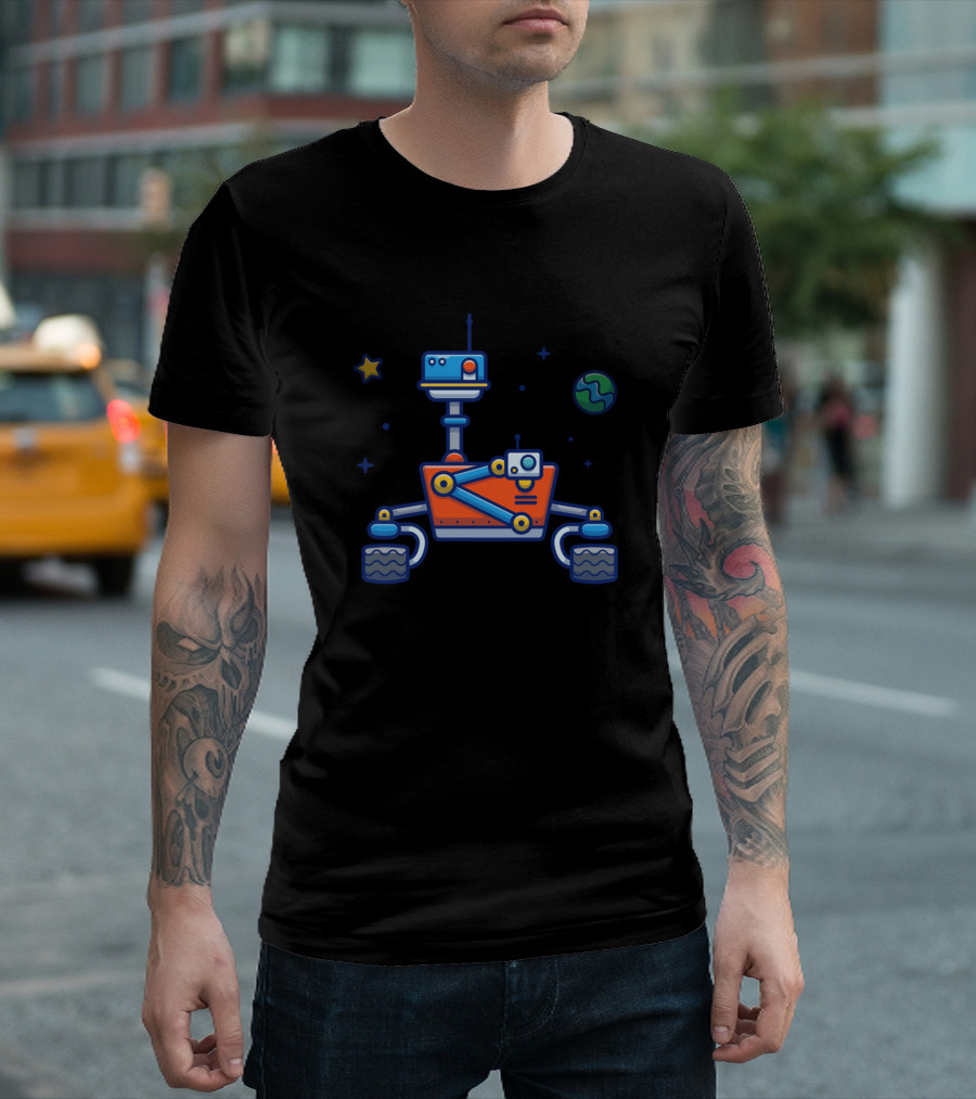 Space Exploration Robot Cartoon With Stars And Earth T-Shirt