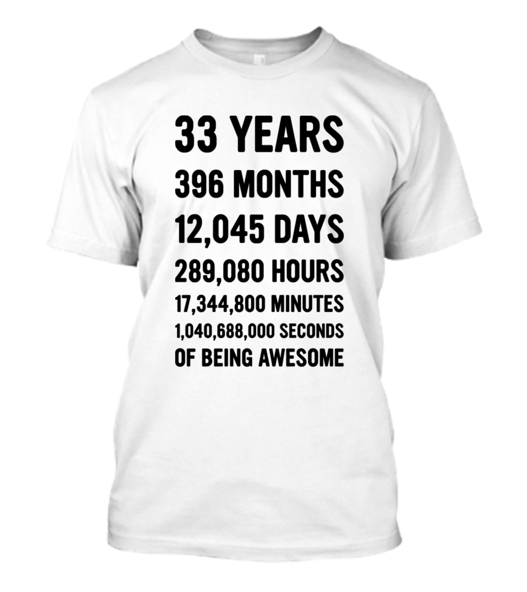 33 Years 396 Months 12,045 Days 289,080 Hours 17,344,800 Minutes 1,040,688,000 Seconds Of Being Awesome T-Shirt