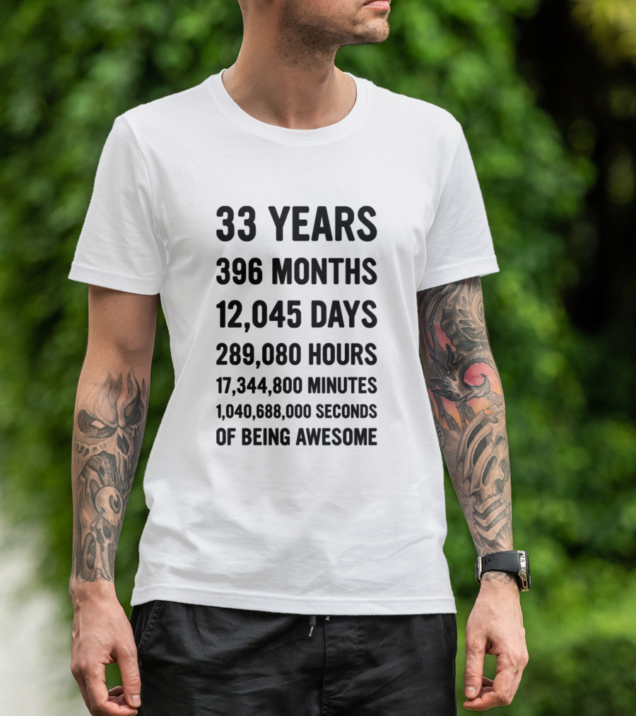 33 Years 396 Months 12,045 Days 289,080 Hours 17,344,800 Minutes 1,040,688,000 Seconds Of Being Awesome T-Shirt