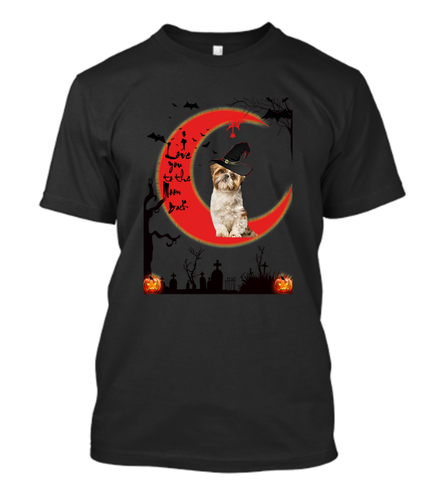 I Love You To The Moon And Back Halloween Dog With Witch Hat And Red Crescent Moon T-Shirt