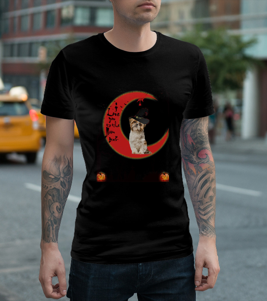 I Love You To The Moon And Back Halloween Dog With Witch Hat And Red Crescent Moon T-Shirt