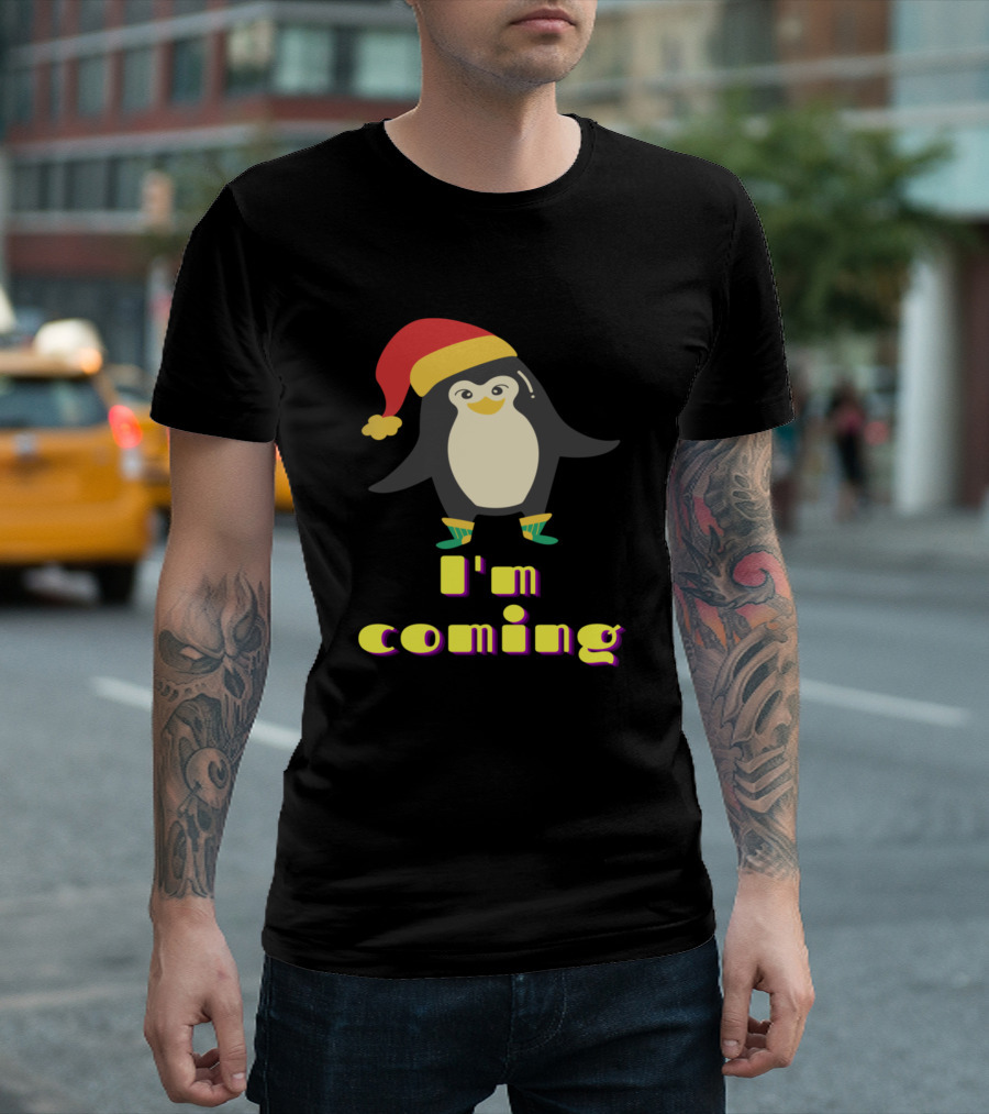 Adorable Christmas Penguin I'm Coming Santa Hat And Socks T-Shirt