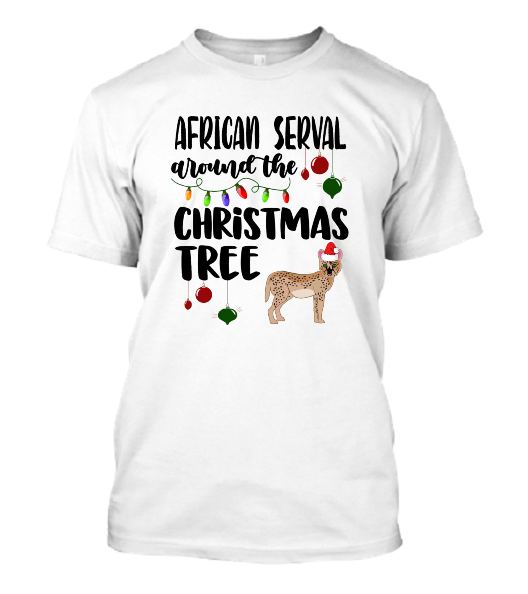 African Serval Around The Christmas Tree Lights And Ornaments T-Shirt