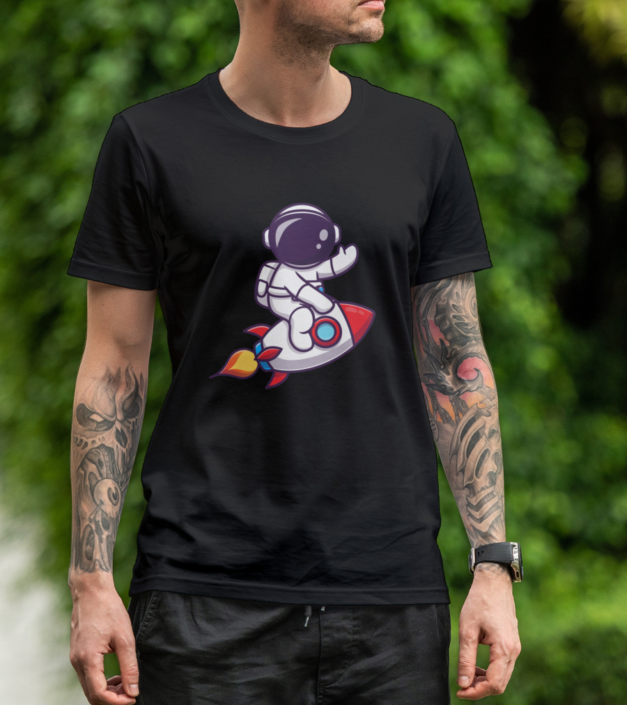 Astronaut Riding Cartoon Rocket T-Shirt