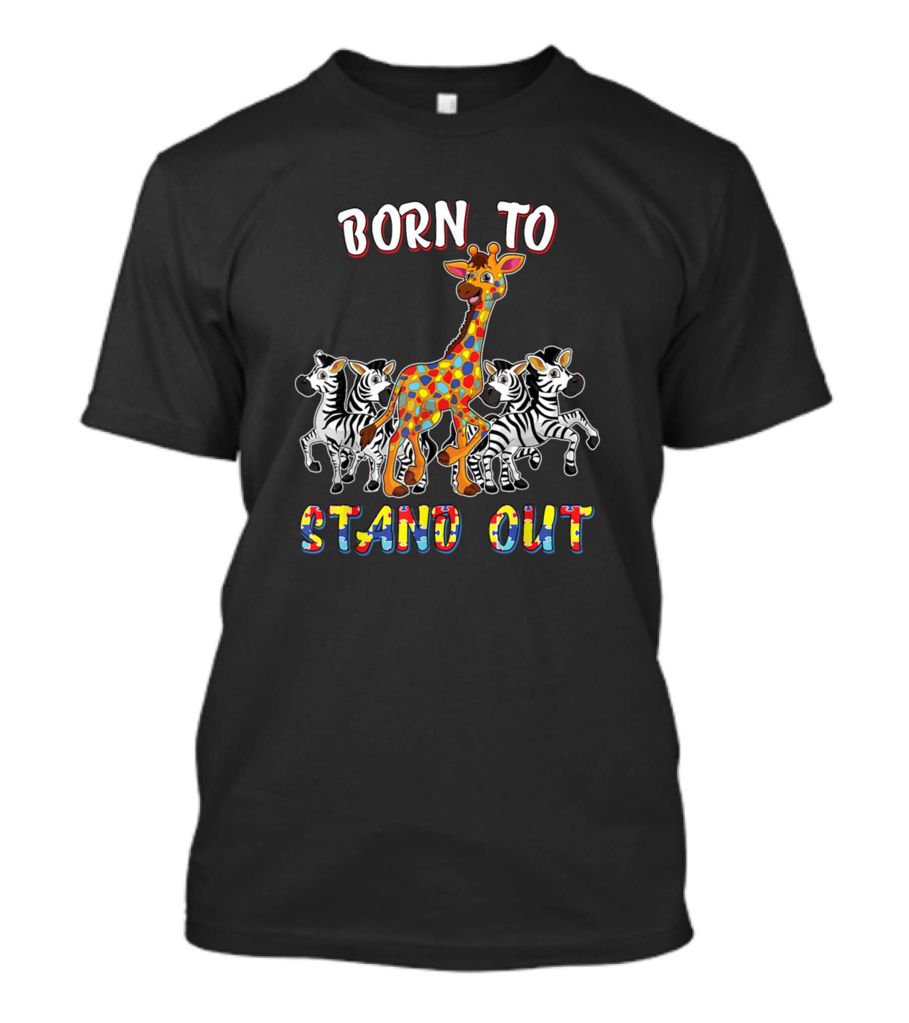 Autism Awareness Born To Stand Out With Colorful Giraffe Among Zebras T-Shirt