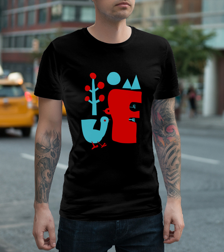 Bird and Tree Abstract Minimalist Design with Red and Blue Elements T-Shirt