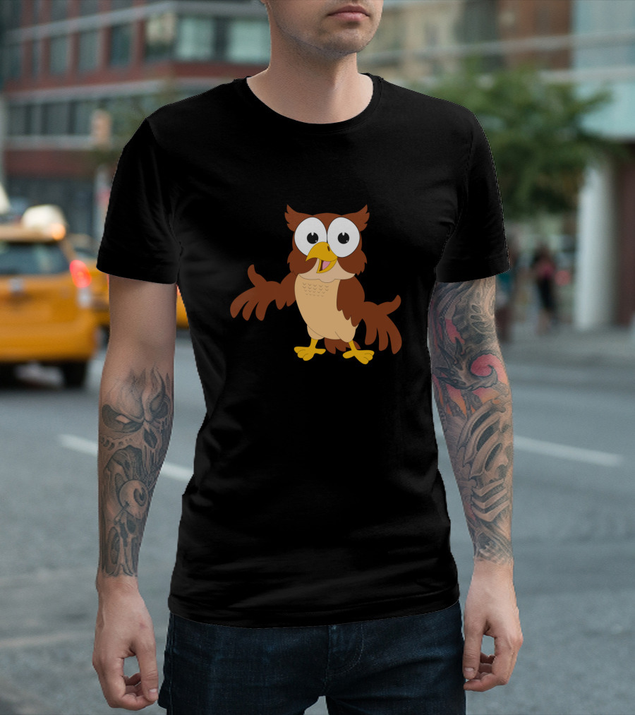 Cartoon Kids Owl Motif Playful Brown Character T-Shirt