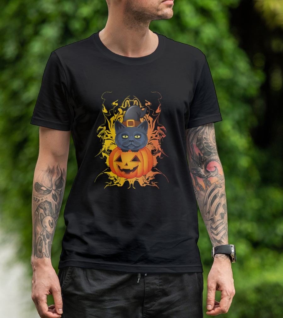 Halloween Cat Russian Blue Kitten On Pumpkin With Witch Hat T-Shirt