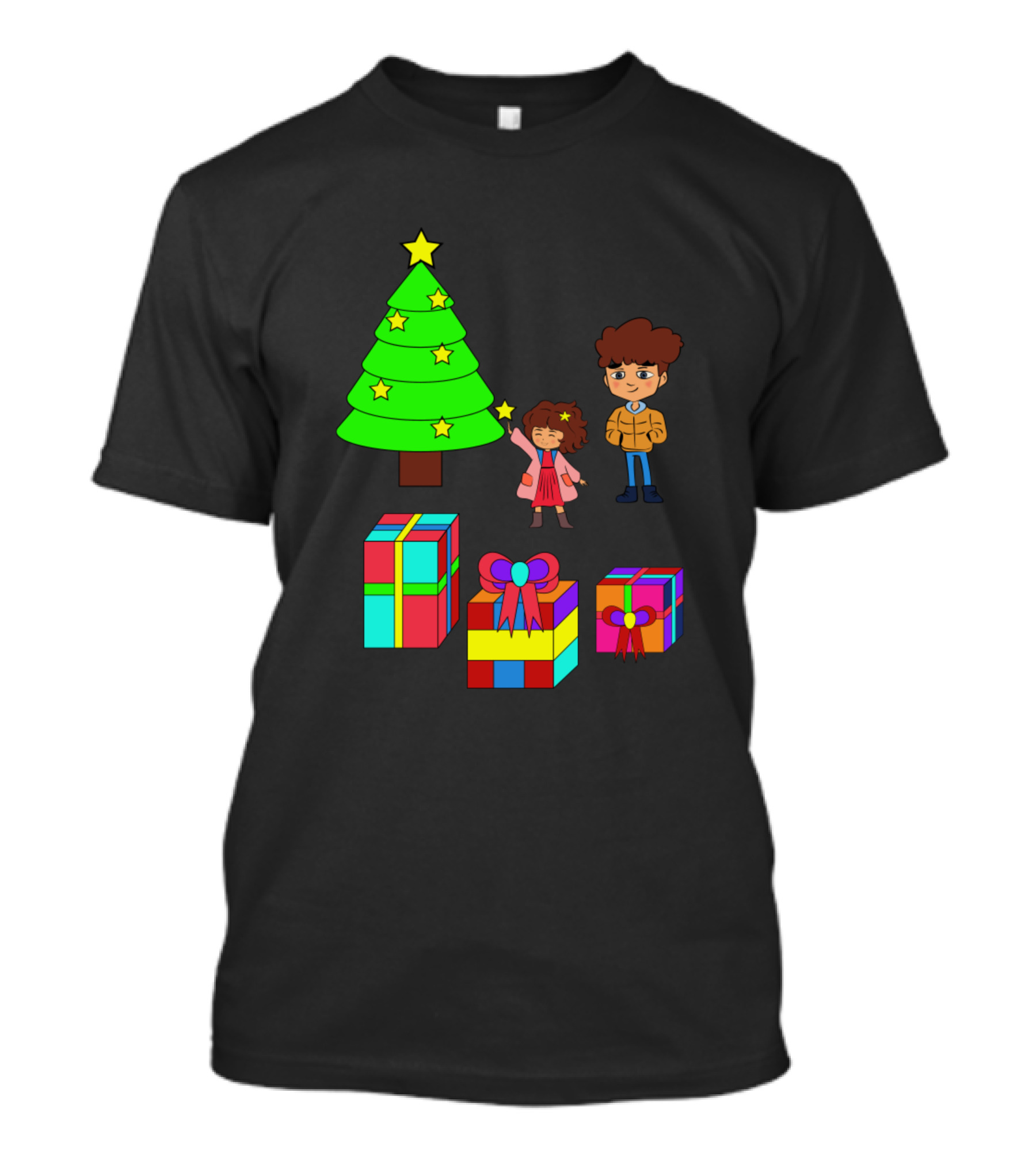 Cute Kawaii Christmas Family Scene With Tree And Gifts T-Shirt