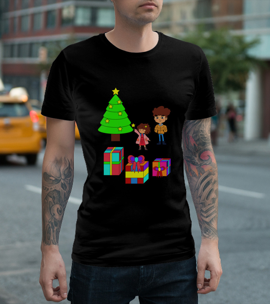 Cute Kawaii Christmas Family Scene With Tree And Gifts T-Shirt