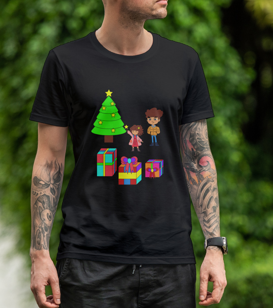 Cute Kawaii Christmas Family Scene With Tree And Gifts T-Shirt