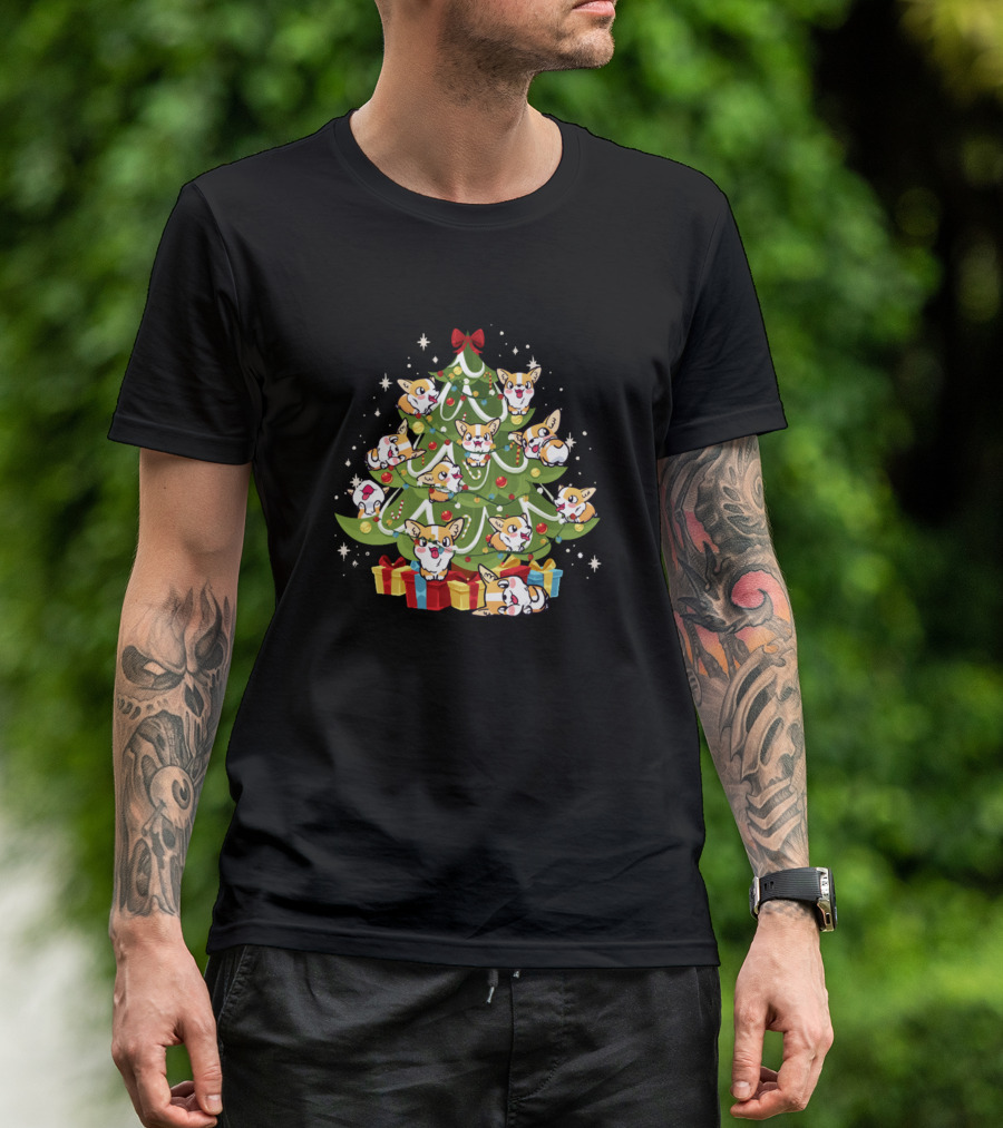 Corgi Christmas Tree Funny Dog Lovers Holiday Decor With Presents And Stars T-Shirt