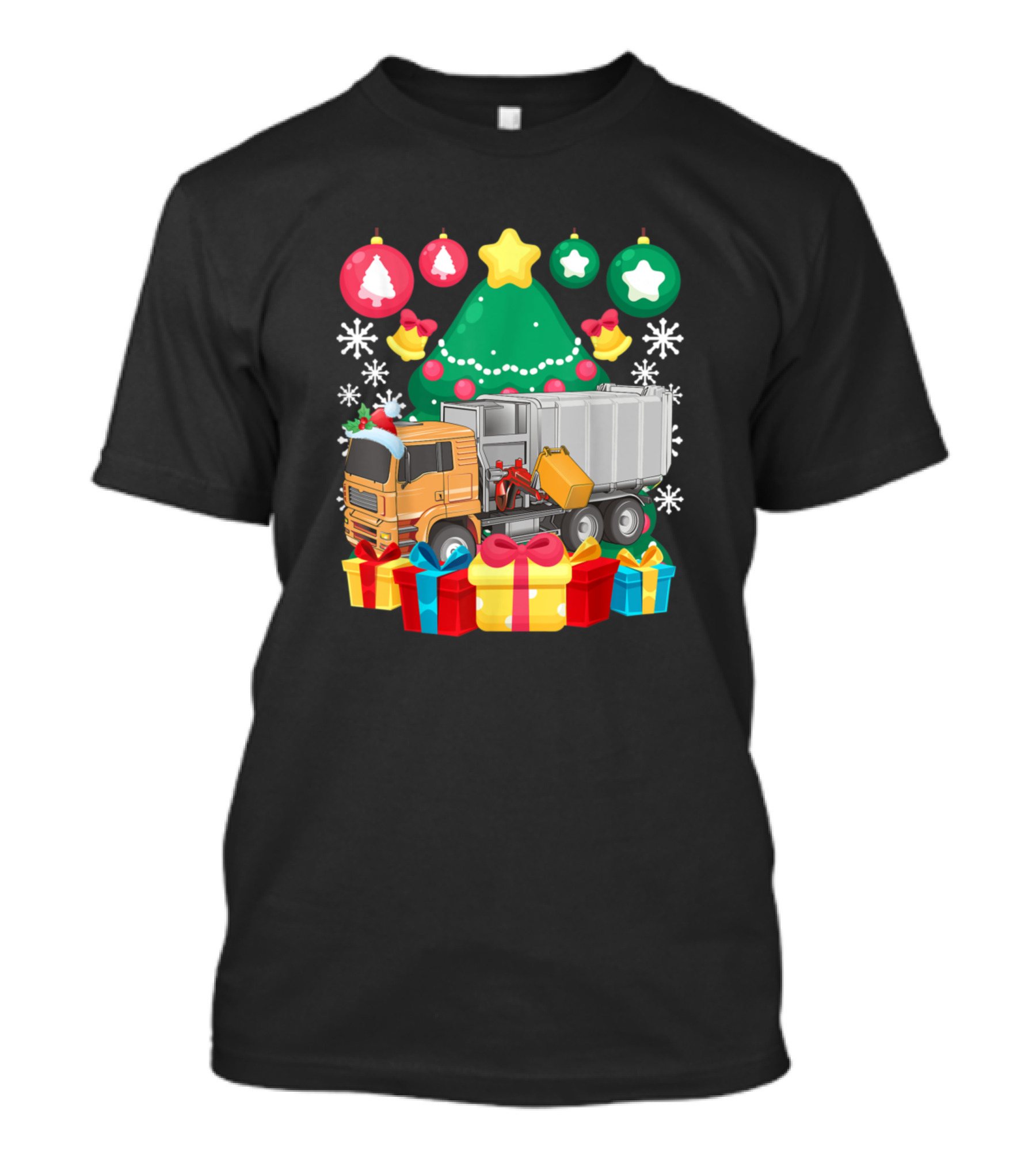 Garbage Truck Christmas Tree Lights With Festive Ornaments And Presents T-Shirt