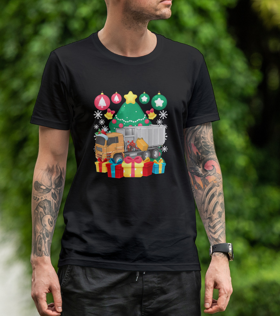 Garbage Truck Christmas Tree Lights With Festive Ornaments And Presents T-Shirt