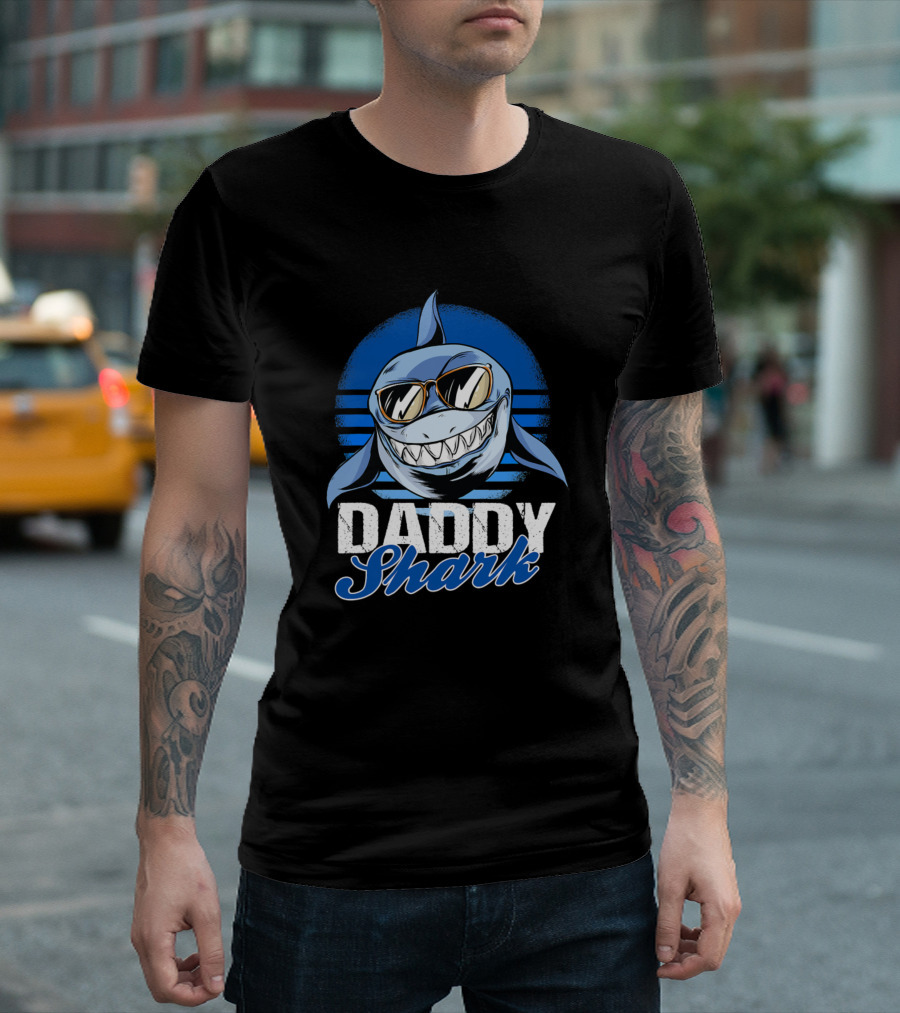 Daddy Shark Sunglasses Cool Blue Retro T-Shirt