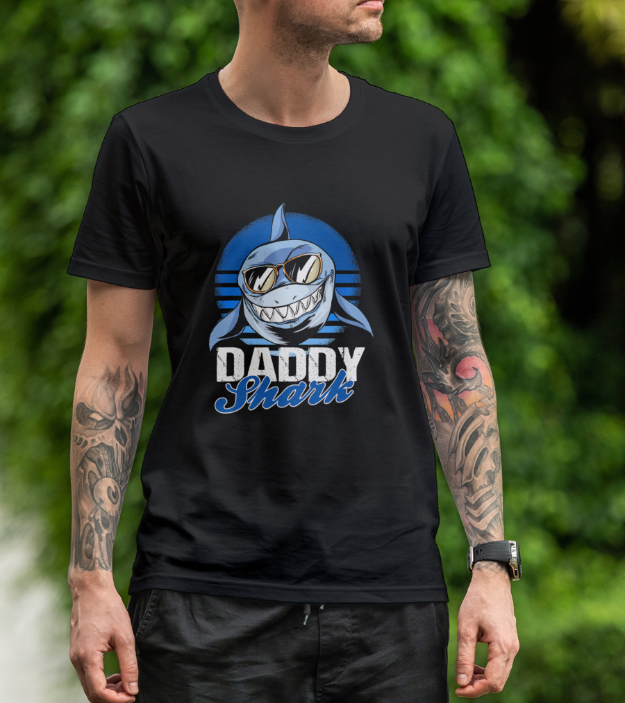 Daddy Shark Sunglasses Cool Blue Retro T-Shirt
