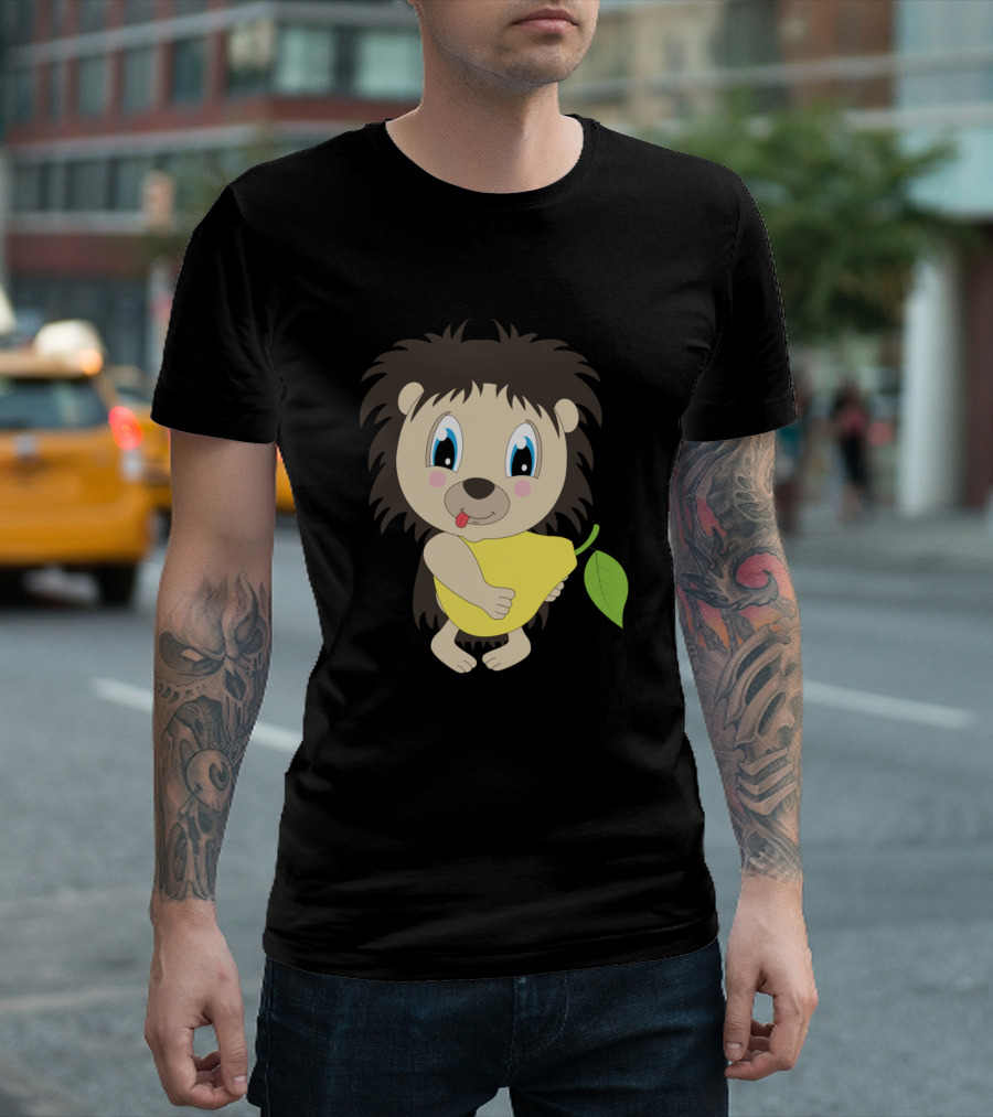 Naughty Child Hedgehog Holding Yellow Pear Motif T-Shirt