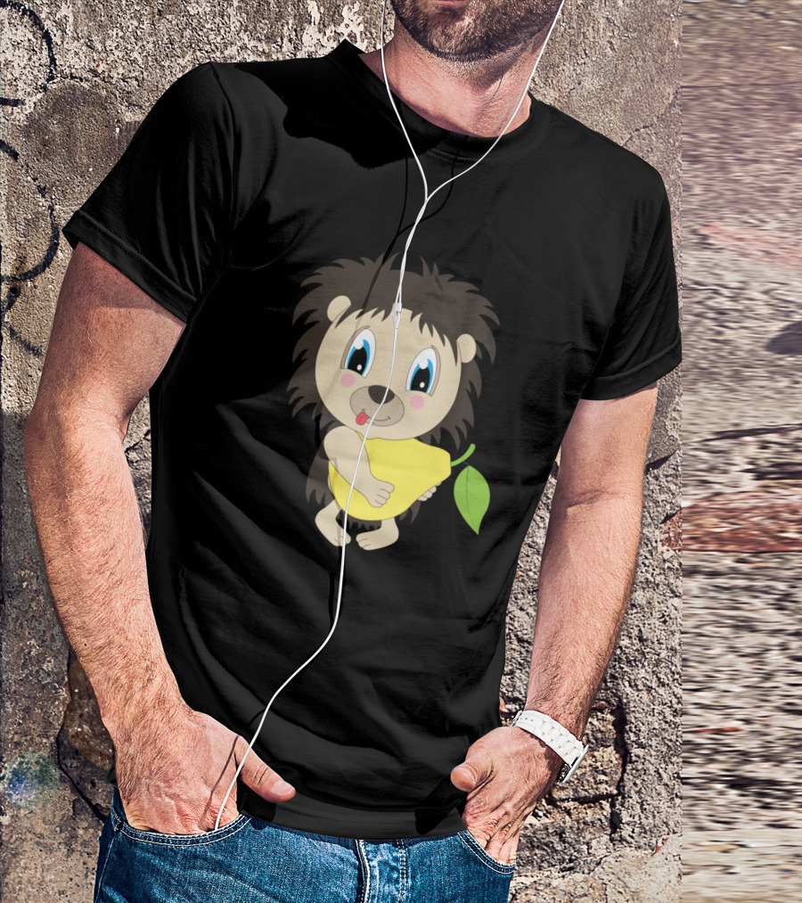 Naughty Child Hedgehog Holding Yellow Pear Motif T-Shirt