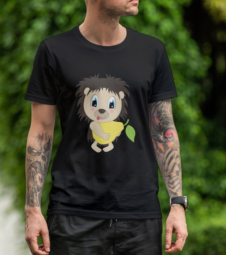 Naughty Child Hedgehog Holding Yellow Pear Motif T-Shirt