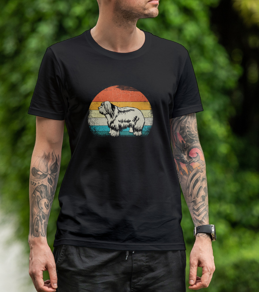Old English Sheepdog Vintage Retro Style With Sunset Colors T-Shirt