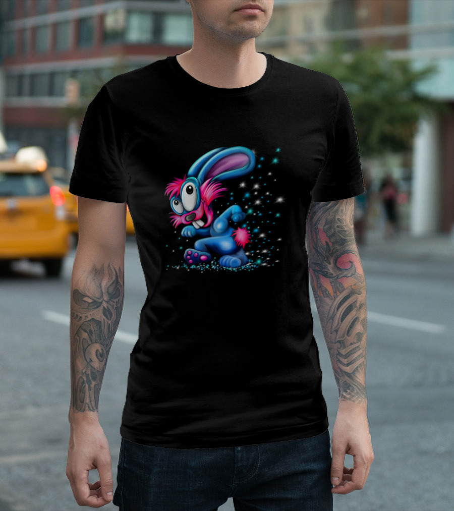 Rabbit Rascal Playful Blue Cartoon With Stars And Sparkles T-Shirt