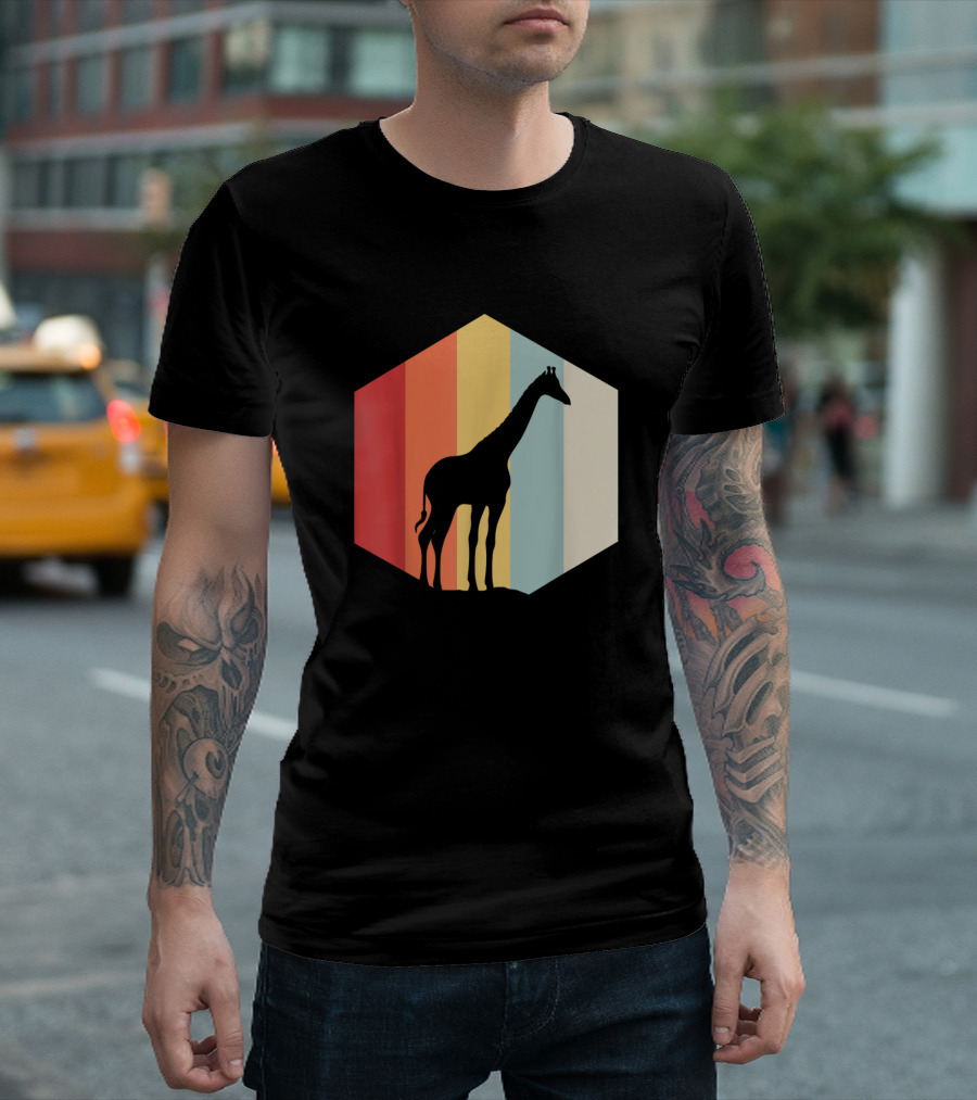 Retro Vintage Giraffe Silhouette On Colorful Striped Hexagon Background T-Shirt