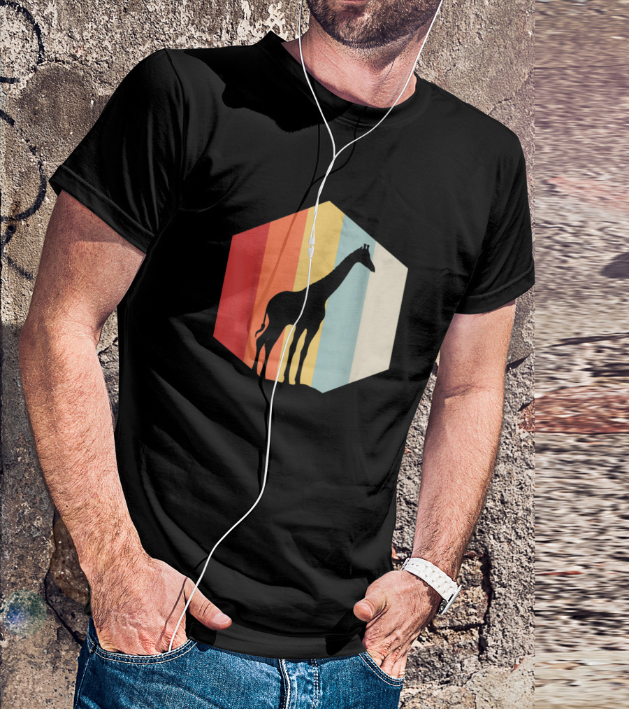 Retro Vintage Giraffe Silhouette On Colorful Striped Hexagon Background T-Shirt