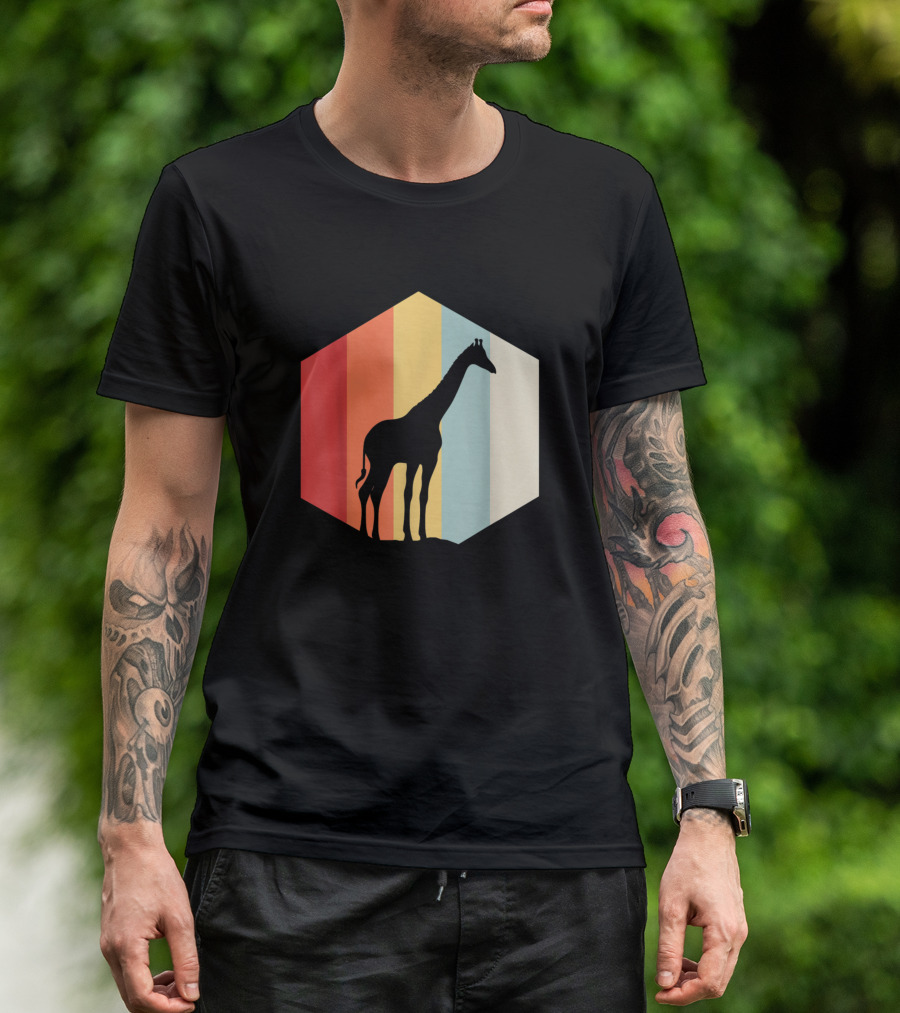 Retro Vintage Giraffe Silhouette On Colorful Striped Hexagon Background T-Shirt