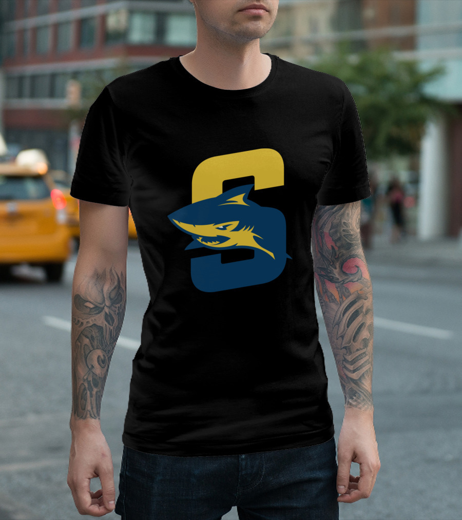 Simmons Sharks Bold Blue And Yellow Shark Emblem T-Shirt