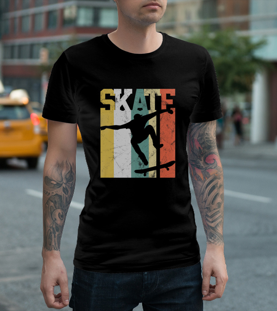 Skateboarder Silhouette Retro Stripes Skateboarding T-Shirt