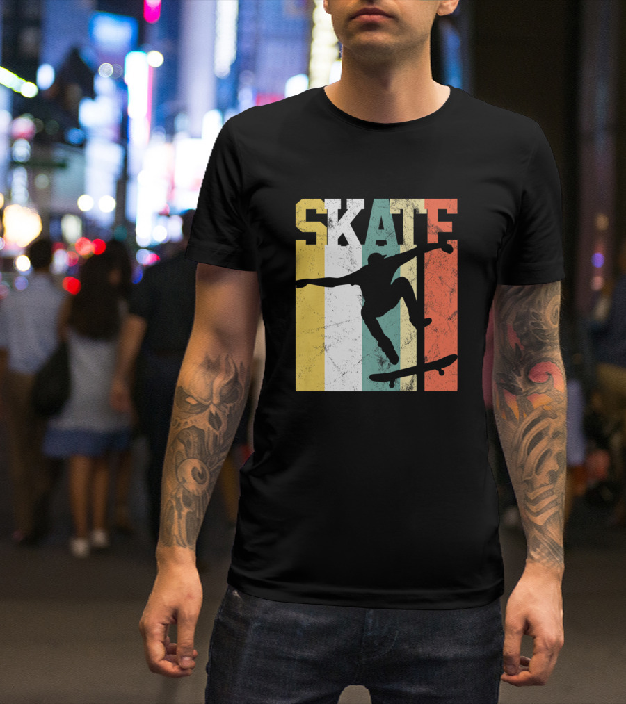 Skateboarder Silhouette Retro Stripes Skateboarding T-Shirt