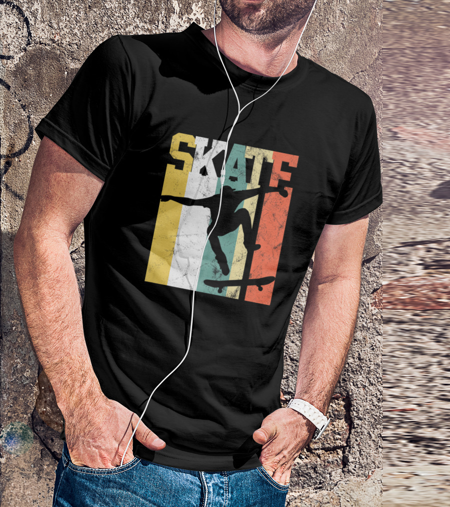 Skateboarder Silhouette Retro Stripes Skateboarding T-Shirt